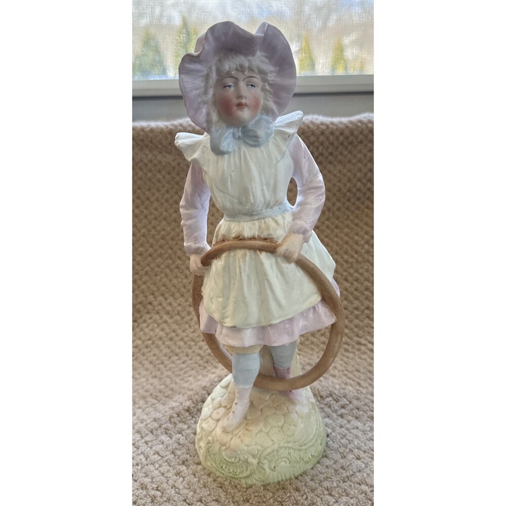 Antique German Bisque Porcelain Figurine  Girl Bonnet Hula Hoop 19th Century